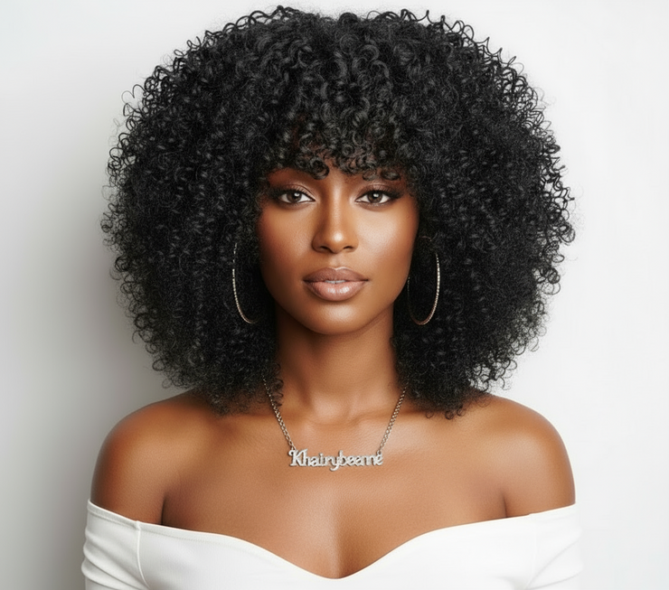 Perruque Afro Kinky Curly  Glueless 100% naturelle Péruvienne couleur noir , Marron , Blond miel 250%HD 12-14 pouces