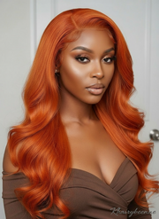 Perruque Body Wave  cheveux 100% naturel bresilien  couleur Ginger Orange 350# 180% HD avec dentelle frontale transparente13x4 transparente  du 12 au 34 pouces