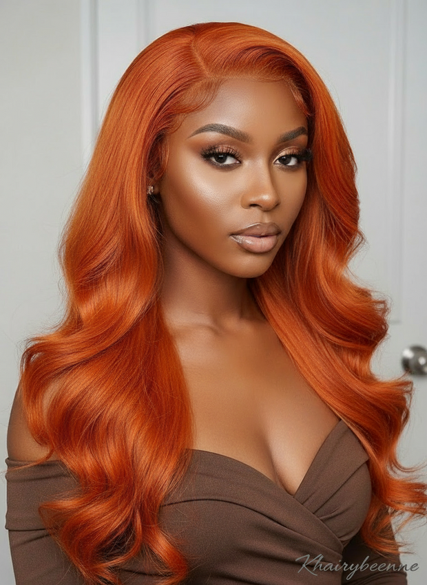 Perruque Body Wave  cheveux 100% naturel bresilien  couleur Ginger Orange 350# 180% HD avec dentelle frontale transparente13x4 transparente  du 12 au 34 pouces