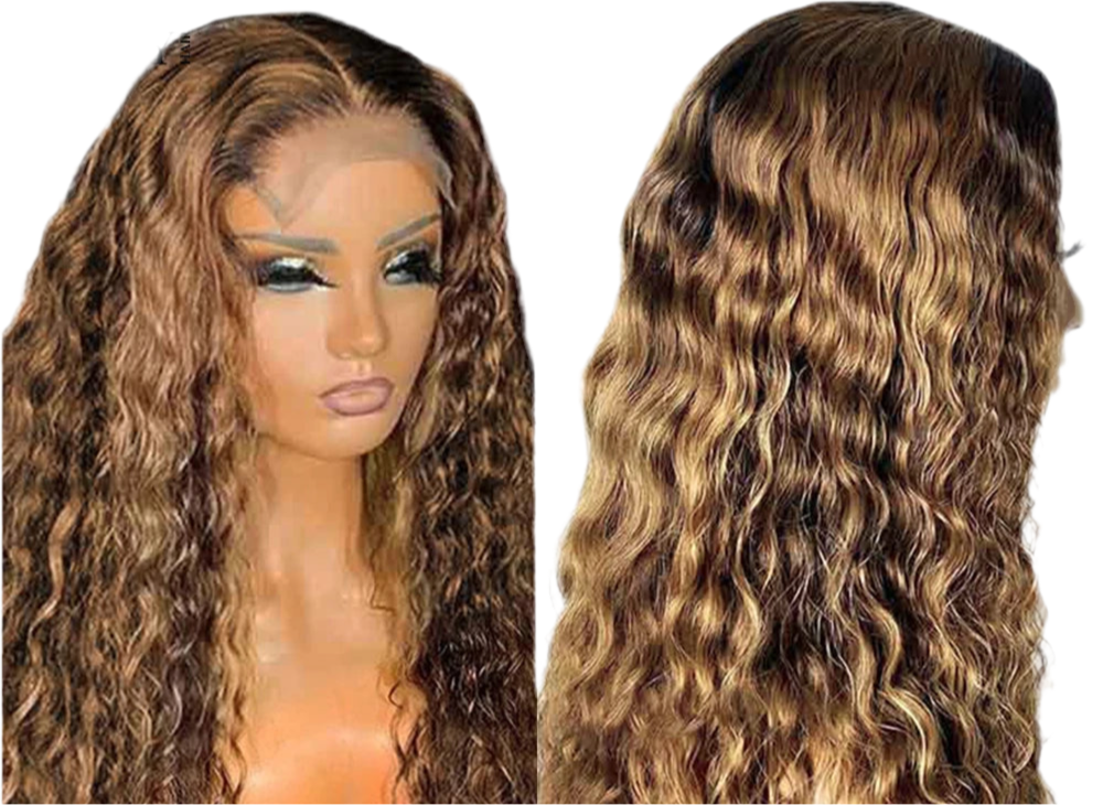 Perruque Water Wave 100% cheveux naturels bresiliens couleur Highlight ombre 4/27 avec dentelle frontale 13x4 150% HD ou 180% HD 10-30 pouces