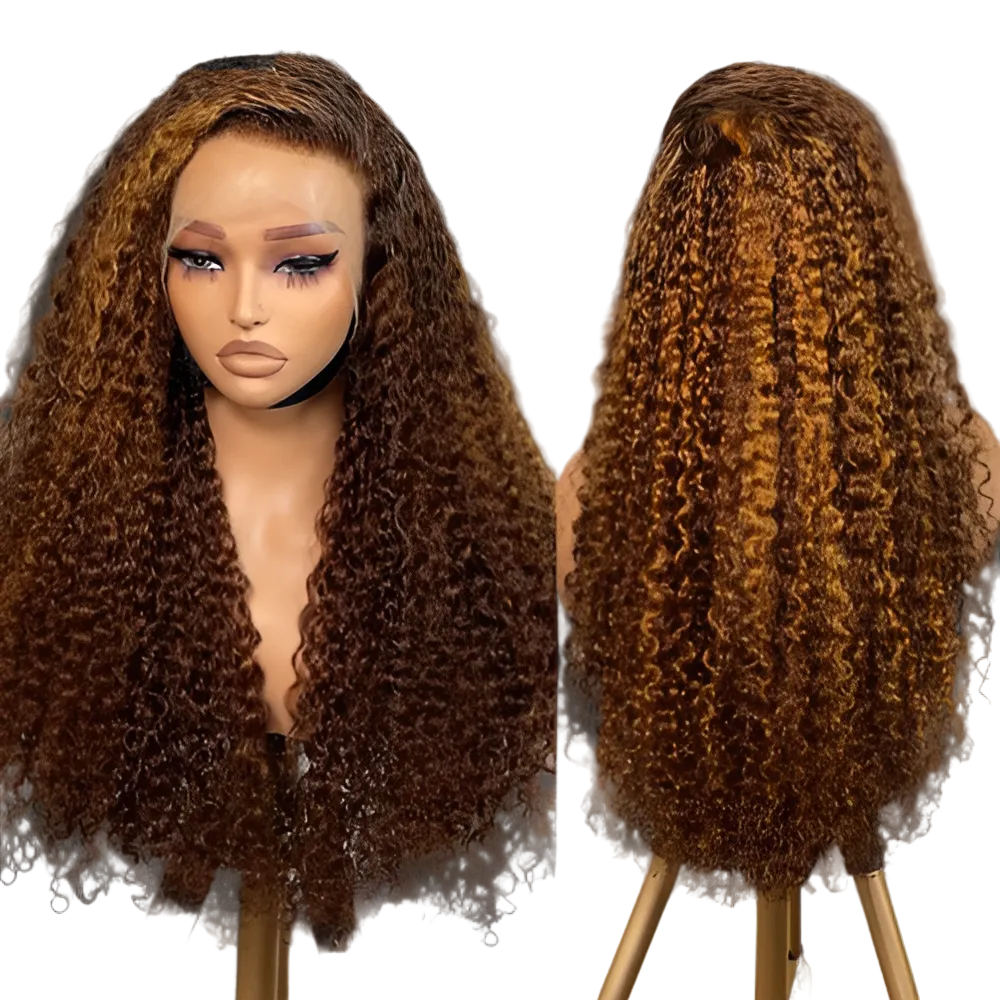 perruque Kinky Curly 100% bresilienne 350 %Densité Highlight Honey Blonde Wig 13x4  4x4 5x5 Piano Color P4/30