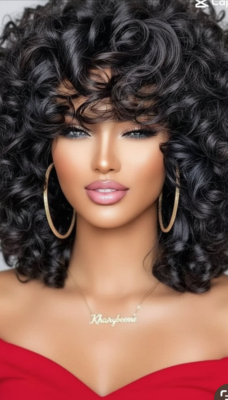 Perruque Curly Bob avec frange cheveux 100% naturel prêt à porter sans colle 180 HD du 8 au16 pouces