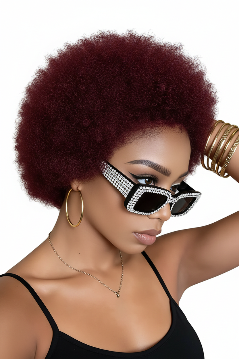 Perruque Courte Afro Kinky Curly Pixie – Cheveux Humains, Rouge Bordeaux Vibrant, Ligne Naturelle, Qualité Premium