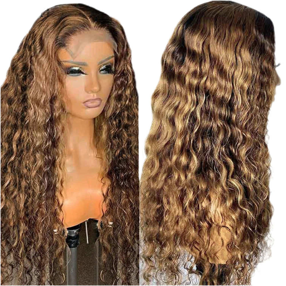 Perruque Water Wave 100% cheveux naturels bresiliens couleur Highlight ombre 4/27 avec dentelle frontale 13x4 150% HD ou 180% HD 10-30 pouces