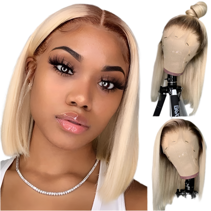 Perruque Bob straight cheveux naturels couleur 4/613 dentelle frontale 13X4  10-12 pouces
