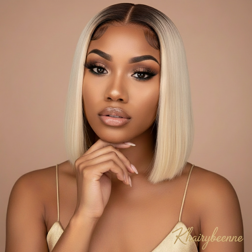 Perruque Bob straight cheveux naturels couleur 4/613 dentelle frontale 13X4  10-12 pouces