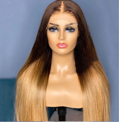 Perruque bob Lisse cheveux 100% naturel brésilien  couleur ombre miel 2/27  et couleur 1b dentelle frontale 13×4 180% HD du 12 au 24 pouces