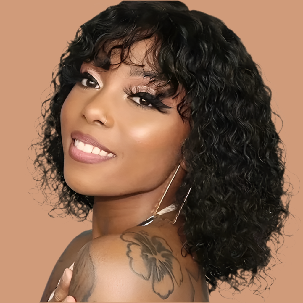 Perruque Jerry curly avec une frange cheveux naturels bresilien existe en noir rouge marron miel 180%HD du 10 -16 pouces