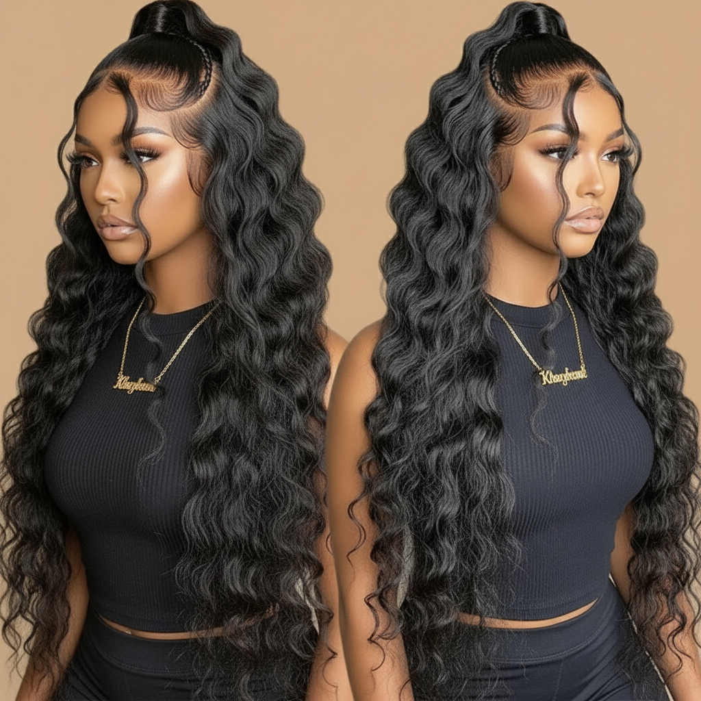 Perruque  Deep Wave 100%cheveux naturels couleur 1b dentelle frontale 13*4 du 18 au 32 pouces
