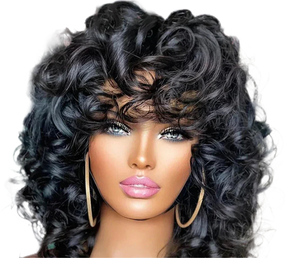 Perruque Curly Bob avec frange cheveux 100% naturel prêt à porter sans colle 180 HD du 8 au16 pouces