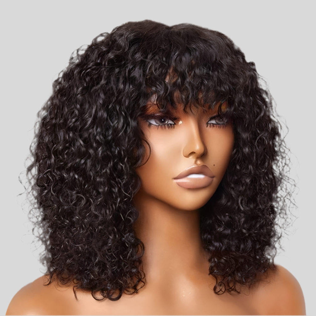 Perruque Jerry curly avec une frange cheveux naturels bresilien existe en noir rouge marron miel 180%HD du 10 -16 pouces