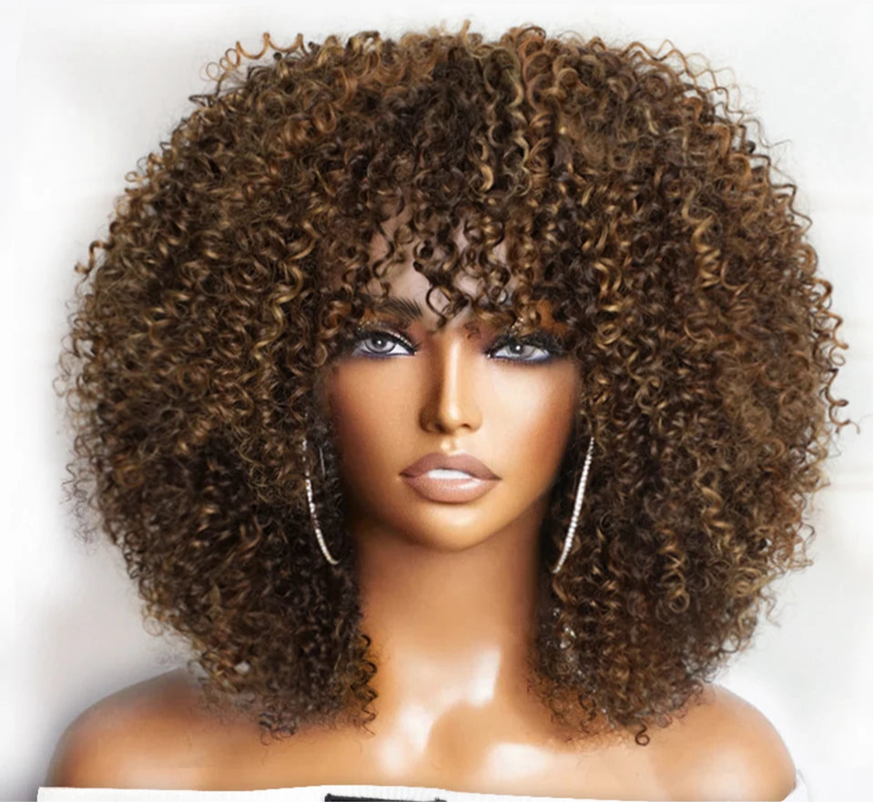 Perruque Afro Kinky Curly  Glueless 100% naturelle Péruvienne couleur noir , Marron , Blond miel 250%HD 12-14 pouces