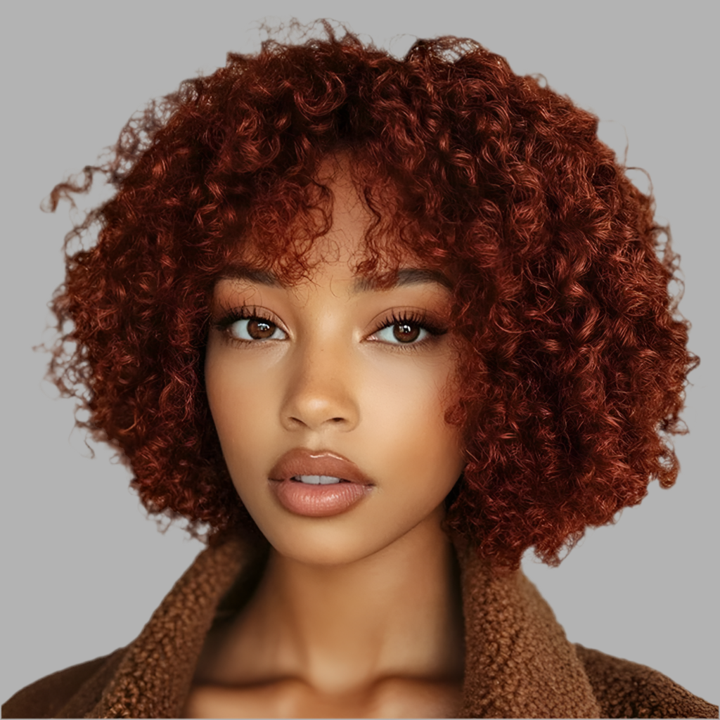 Perruque Afro Kinky Curly 100% Bresilienne avec une frange couleur brun/ rougeâtre  avec une frange  250% HD 12 pouces