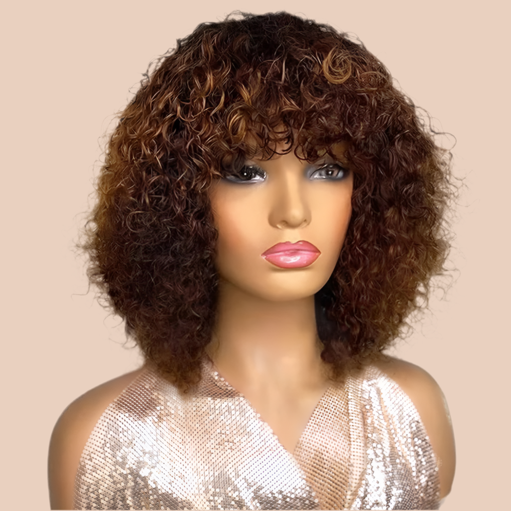 Perruque Jerry curly avec une frange cheveux naturels bresilien existe en noir rouge marron miel 180%HD du 10 -16 pouces