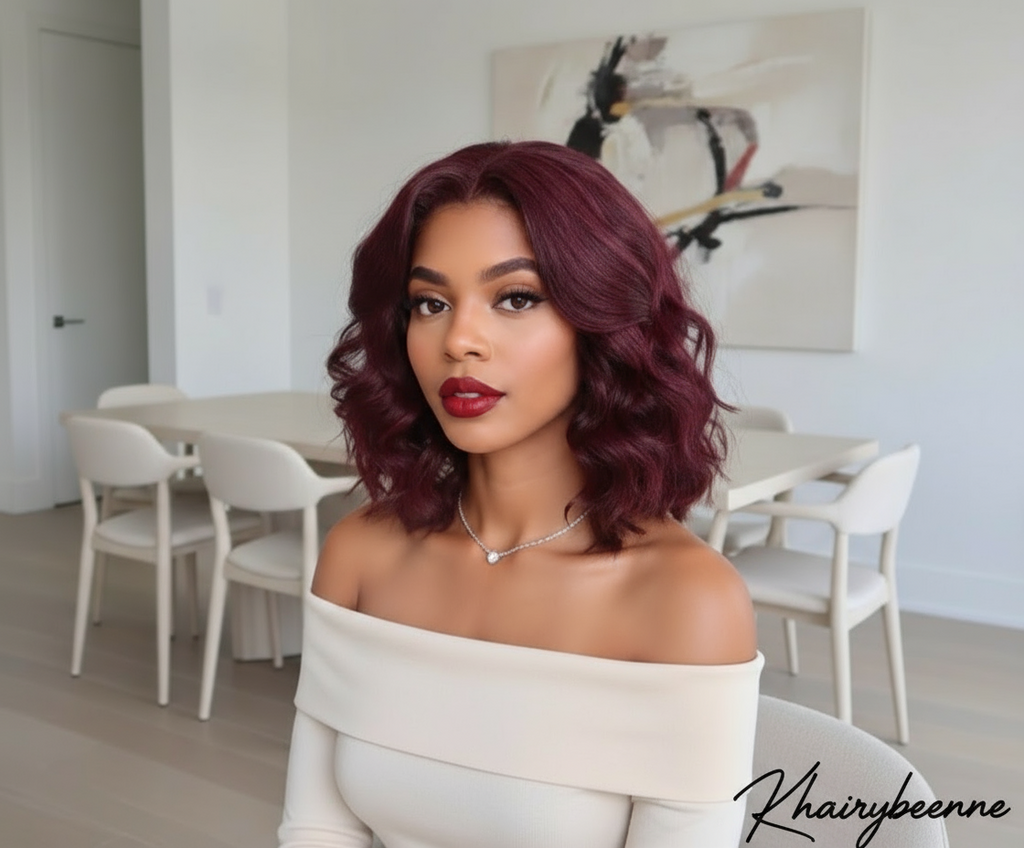 Perruque Loose Wave 100%naturels  couleur 99J Burgundy avec dentelle frontale  5×6 Frontal 180% HD