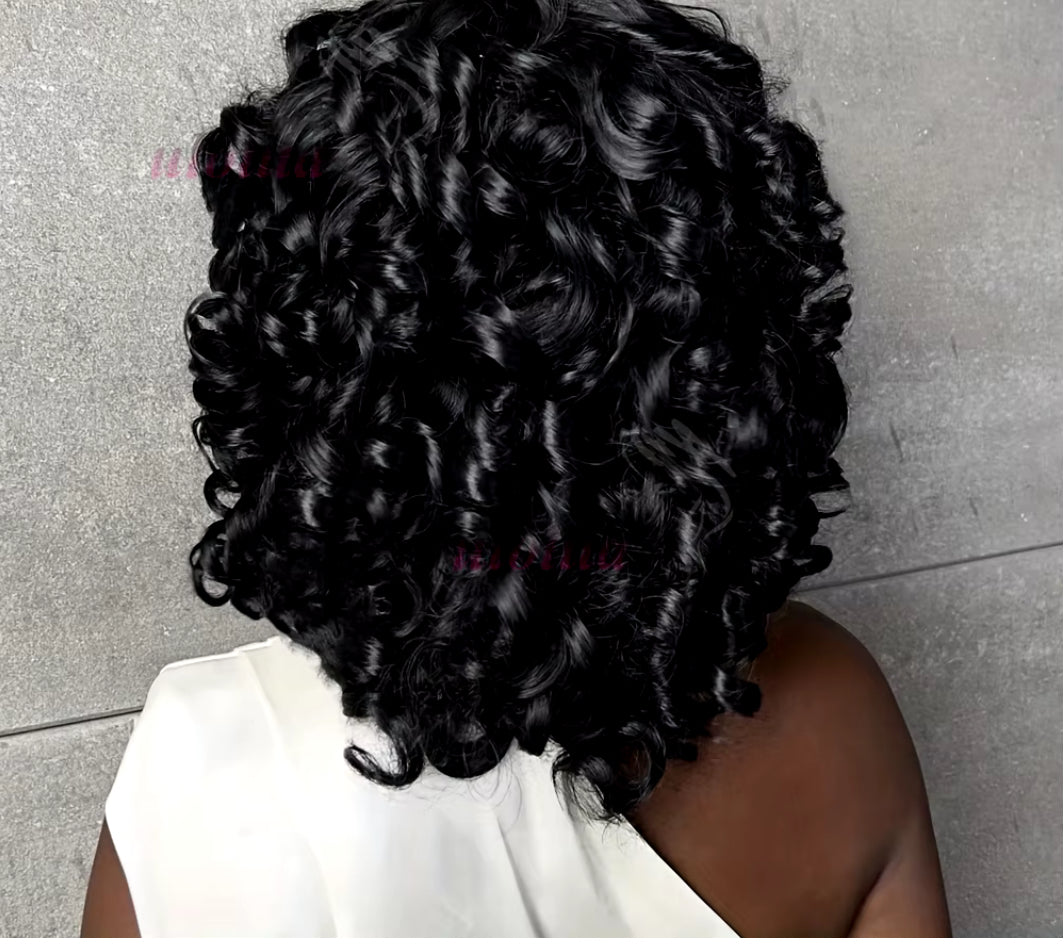 Perruque bouclée avec frange 100% cheveux naturels brésiliens sans colle 250%HD