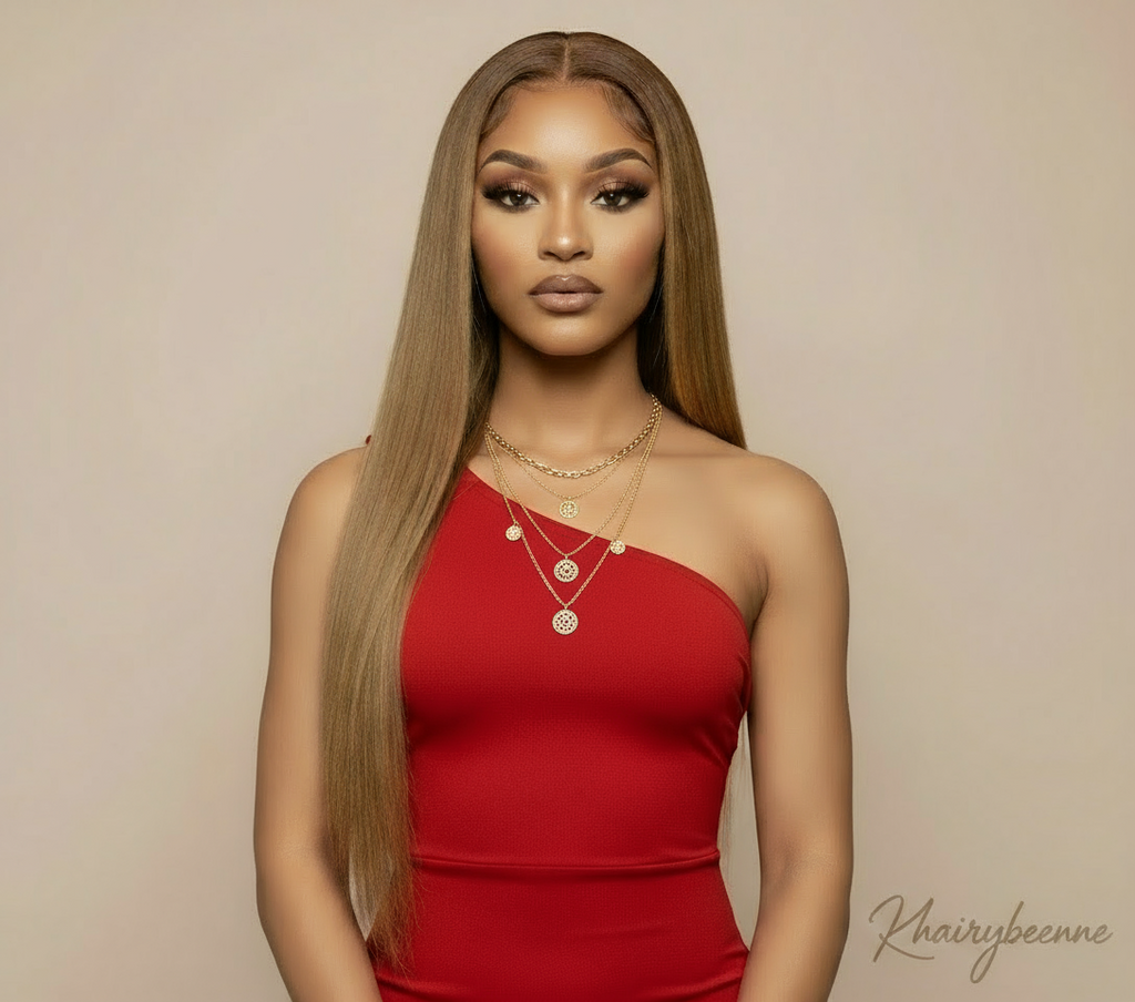 Perruque cheveux lisse 100% naturel couleur blond miel avec dentelle frontale 13*6/4  180%ou220%HD   13x6/4  12-30 Pouces