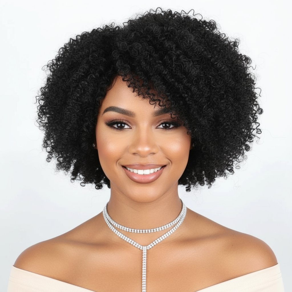 Perruque courte Afro Kinky Curly 100% naturelle brésilienne 180% HD