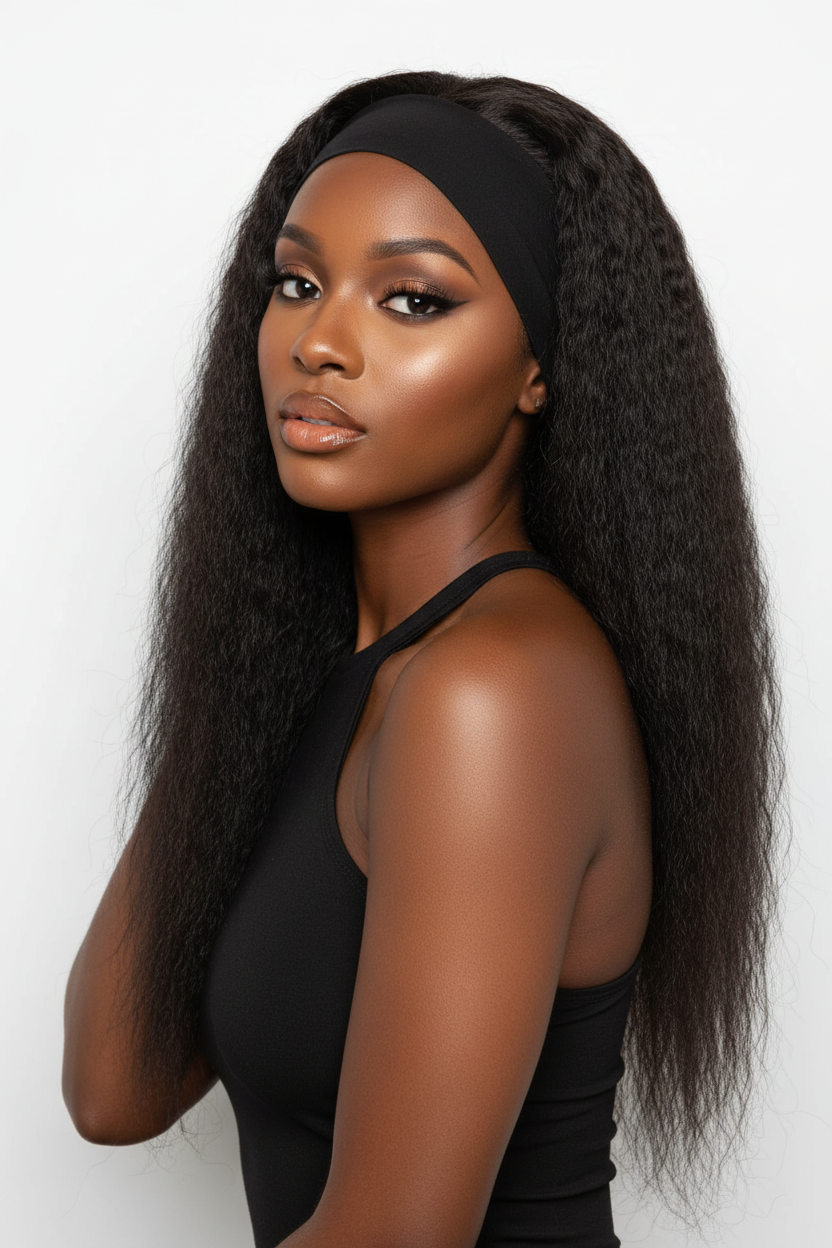 Perruque Bandeau Kinky Straight 30 Pouces – Cheveux Humains, Yaki Straight, Sans Colle
