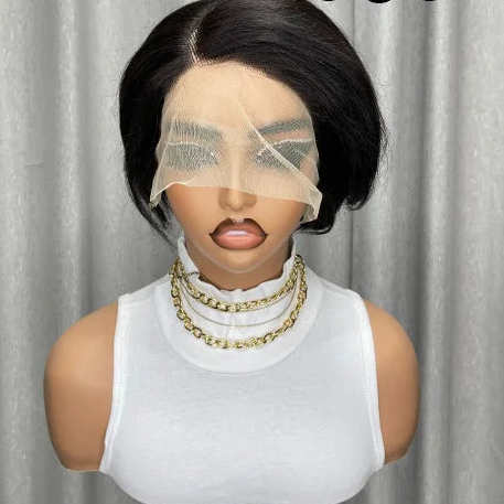 Perruque Bob Courte Pixie Cut Cheveux Humains Brésiliens – Lace Frontale Transparente 13x4x1, Pré-plumés, Baby Hair, Lisse en Couches