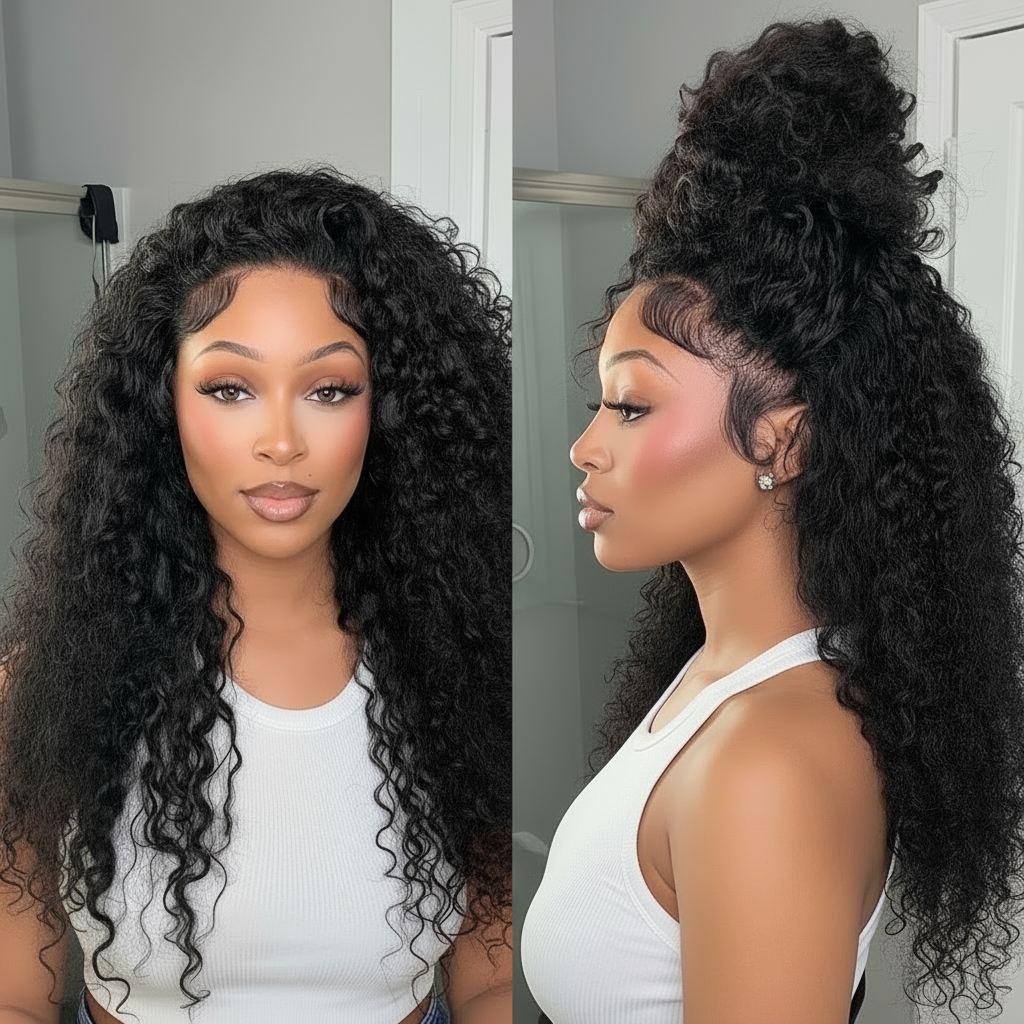 I perruque Deep Curly 100% naturelle    180 ou 250% HD  dentelle 360 Full  pré coupée 18- 36 pouces