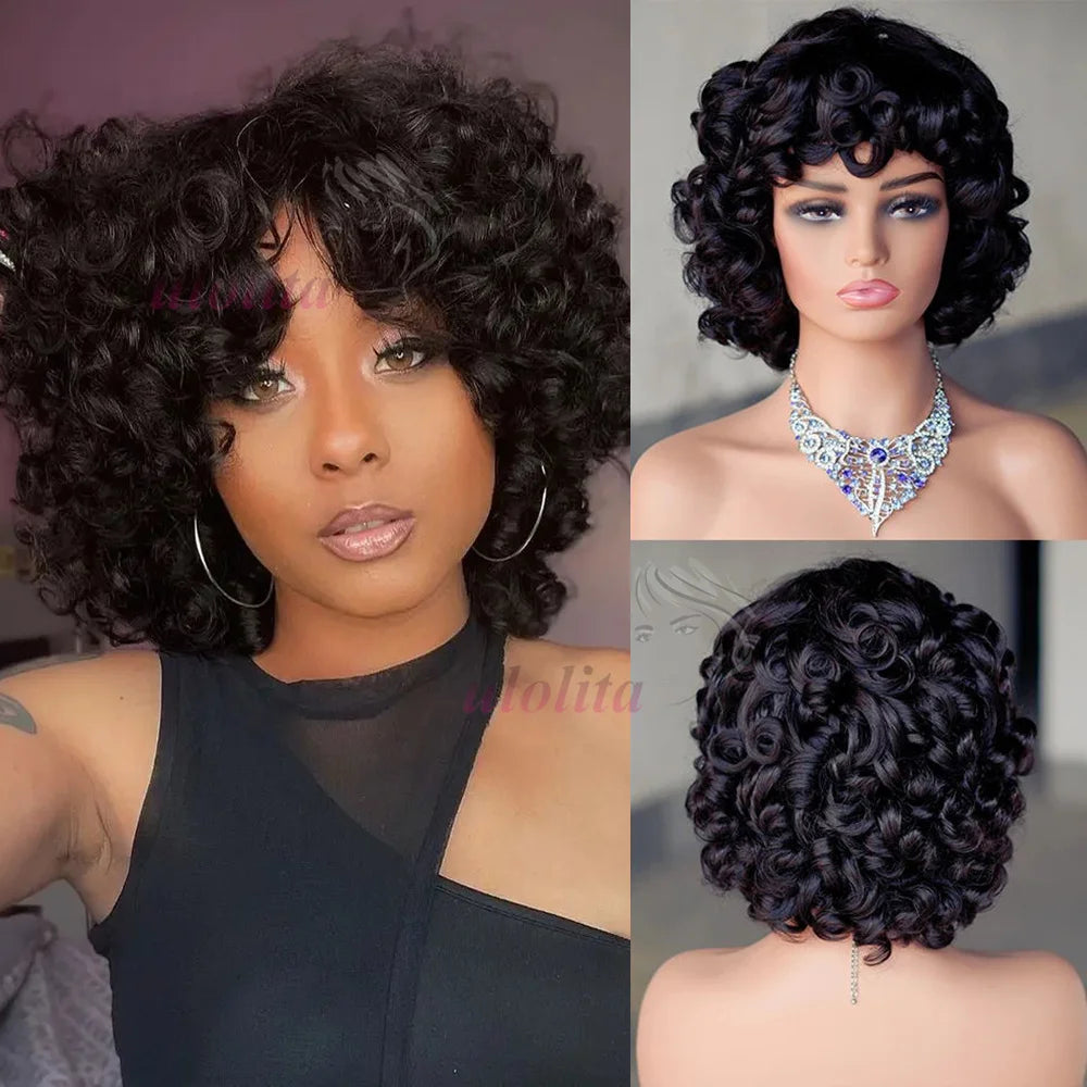 Perruque bouclée avec frange 100% cheveux naturels brésiliens sans colle 250%HD