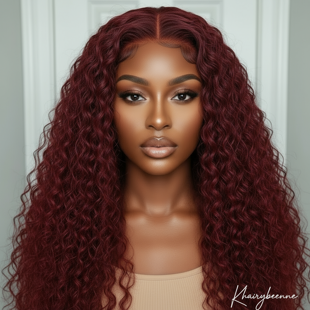 Perruque Deep curly cheveux naturel  couleur 99J  dentelle frontale HD 13X4 12-34 pouces